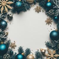 Elegant Christmas Layout Featuring Gold Snowflakes and Blue Ornaments Accentuating a Blank Center for Text or Design Elements photo