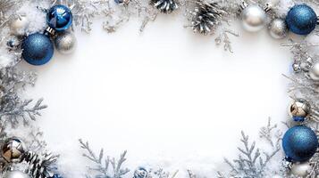 Elegant Holiday Border Decoration with Silver and Blue Accents, Featuring Snowy Background and Space for Custom Text photo