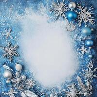 Decorative Blue and Silver Snowflake Border with Blank White Center for Text, Ideal for Holiday or Winter-Themed Invitations and Posters photo