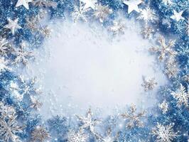 Elegant Winter Wonderland Background with Scattered Snowflakes and Decorative Elements in Blue and Silver for Text Placement and Holiday Themes photo