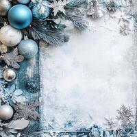 Elegant Winter and Christmas Decor Design Featuring Blue and Silver Ornaments with Snowflakes and Open Space for Text or Graphics photo