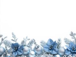 Elegant Wintery Holiday Decor Featuring Blue Flowers and Silver Accents with a Blank Space for Text Ideal for Seasonal Greetings and Promotions photo