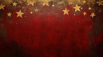 Red background, gold stars, text overlay, space theme. photo