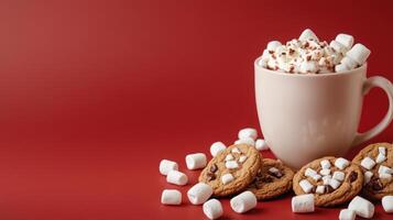 Hot cocoa, marshmallows, cookies, red background, winter. photo