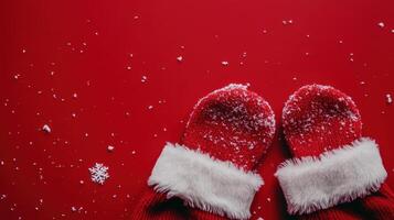 Festive Santa's Hat and Mittens on a Red Background with Snowflakes, Ideal for Holiday Themes and Seasonal Decorations with Space for Custom Text photo