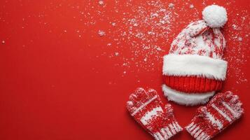 Cozy Winter Accessories Featuring a Red and White Santa Hat and Mittens Surrounded by Snowflakes on a Bright Red Background with Open Space for Text photo