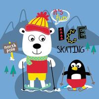 Fun Ice Skating Illustration with Polar Bear and Penguin for Kids vector