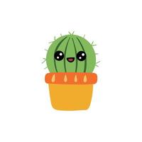 Cute cactus with big eyes and smile. Happy cartoon cacti plant in yellow pot with pattern. Cheerful succulent with needles. Prickly houseplant with funny face and emotion. vector