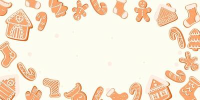 Festive Christmas background with copy space. Xmas background with traditional seasonal symbols gingerbread man, house, candy, socks, fir tree. Greeting card with cookies in sugar glaze. banner vector