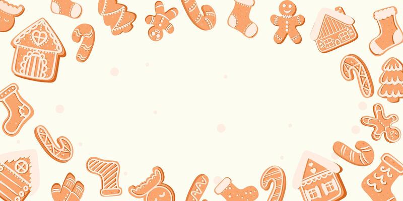 Festive Christmas background with copy space. Xmas background with traditional seasonal symbols gingerbread man, house, candy, socks, fir tree. Greeting card with cookies in sugar glaze. banner