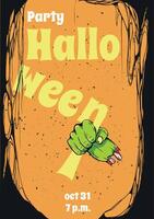Halloween background for Halloween horror night party invitation card with Zombie hand holding Halloween text on cobweb background. illustration for treat or trick event vector