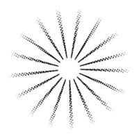 Sun and rays with gradient halftone dotted effect. Abstract black and white halftone circle pattern with radial symmetry rays on transparent background vector