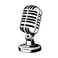 Vintage microphone in ink sketch style. Recording Mic for podcast, radio, music design. Hand drawn retro illustration isolated on background. Monochrome drawing vector