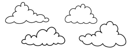 Collection of hand drawn cumulus clouds in sketch style. Doodle cute cartoon clouds. Sky illustration collection isolated on background vector