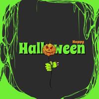 Halloween background with zombie hand holding balloon in shape of scary pumpkin on Spooky green Slime background and Border. Halloween design element for holiday card, invitation, template for party vector