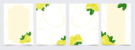 Save the date design templates with lemons, leaves and pattern. Frames and borders in pastel colors wedding invitation card templates. vector