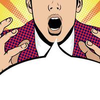 Closeup of shocked pop art man with open mouth and rising hands screaming announcement with copy space. background in comic retro pop art style for advertisement, sale, news, announcement vector