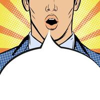 Wow pop art man. Close up surprised man with open mouth and speech bubble with copy space. pop art background in comic retro pop art style for announcement, news, sale, discount, special offer. vector