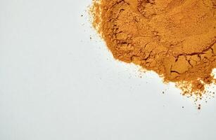 Pile of turmeric powder isolated on horizontal white background with empty copy space for text. photo