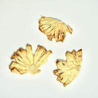 Three dry sliced yellow pineapple fruit pieces isolated on square white background from above angle view. photo