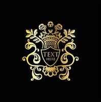 Golden emblem with a crown and leaves on a black background vector