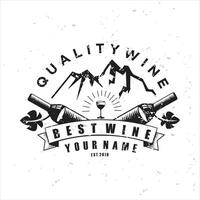 A wine logo with mountains and a bottle of wine vector