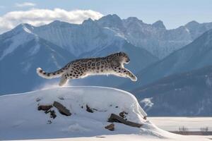 A snow leopard leaps gracefully over a mound with mountains in the background photo