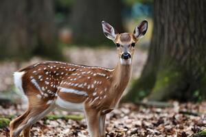 A fawn stands in a forest, blending into its peaceful natural setting photo