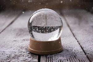 Empty snow globe on wooden surface, snowflakes falling inside magically photo