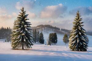 Winter landscape with snowy trees, sky dotted with falling snowflakes photo