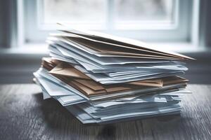 Papers and envelopes piled haphazardly on wooden surface, serene light glowing photo