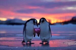 Two penguins stand side by side on ice, holding a heart shaped balloon photo
