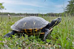 Turtle moves slowly through a verdant meadow, its textured shell glowing in sunlight photo