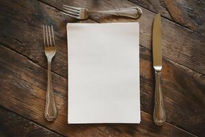 A blank paper lies neatly on a rustic wooden table with silverware photo