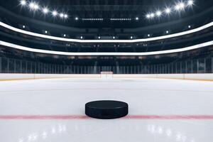 Hockey puck on ice, arena illuminated under bright lights, empty seats visible photo
