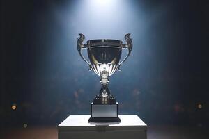 Trophy on a pedestal illuminated by a spotlight, highlighting its intricate design photo