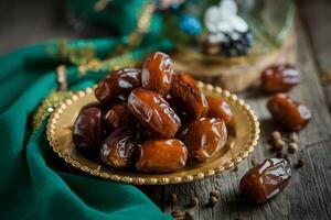 Glossy dates on golden plate, green cloth accents rustic wooden table setting photo