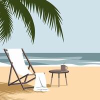 Minimalist beach scene with chair, palm, and table. vector