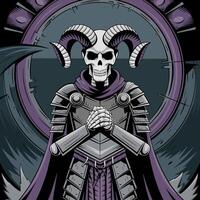 Skeleton knight with horns in gothic fantasy style. vector