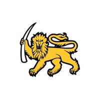 A gold lion holds a curved object powerfully. vector