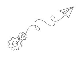 Gears with paper airplane one continuous line drawing concept of learning business teamwork graphic illustration vector
