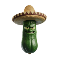 3D Render of a Stylized Green Cucumber Character with Sombrero Hat Fun and angry expression png