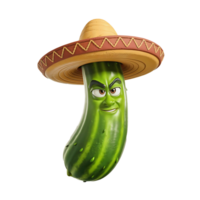 Stylized Green Cucumber Character with Sombrero Hat Fun and Playful Cartoon Design png