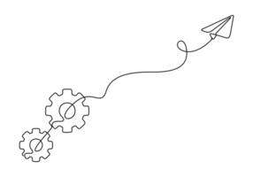 Gears with paper airplane continuous line drawing concept of learning business teamwork graphic illustration vector