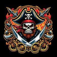 pirate skull with sword and hat on black background vector
