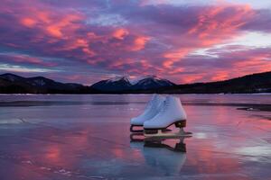 Pair of white ice skates positioned on a frozen lake, glowing sunset in background photo