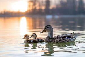 Mother duck with two fluffy ducklings on calm waters during sunset, golden reflection photo
