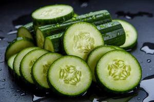 Fresh cucumber slices with water droplets, arranged on dark surface for contrast photo