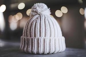White knitted beanie with a pom pom placed on a soft surface photo