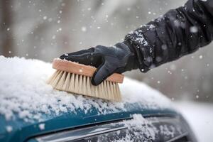 Gloved hand brushing snow off car, motion captures winters chill and effort photo